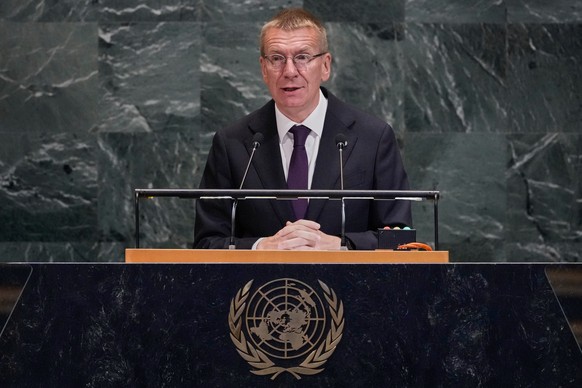 Latvia President Edgars Rinkevics addresses the 80th session of the United Nations General Assembly, Wednesday, Sept. 24, 2025. (AP Photo/Richard Drew)
UN General Assembly Latvia