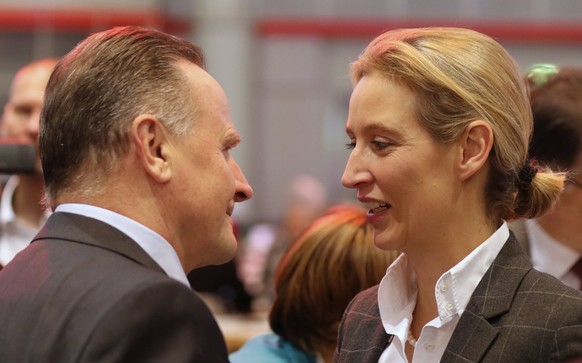 epa06364866 Alice Weidel (R), chairmwoman of the parliamentary group of the German right-wing populist &#039;Alternative for Germany&#039; party (&#039;Alternative fuer Deutschland&#039;, AfD) in the  ...