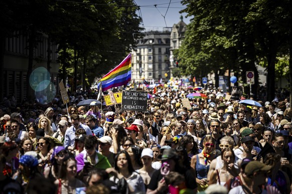 People take part in the Pride parade in Zurich, Switzerland, on Saturday, June 21, 2025. (Michael Buholzer/Keystone via AP)
Switzerland Pride Parade