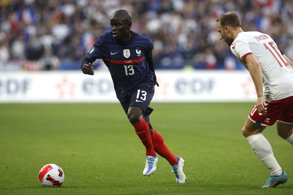 France&#039;s N&#039;Golo Kante in action during the UEFA Nations League soccer match between France and Denmark at the Stade de France in Saint Denis near Paris, France, Friday, June 3, 2022. (AP Pho ...
