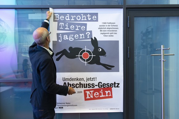 Ein Mitglied des Komitees nimmt ein Plakat von der Wand, nach einer Medienkonferenz zu einem Nein zum revidierten Jagdgesetz am Montag, 17. August 2020 in Bern. (KEYSTONE/Peter Klaunzer)