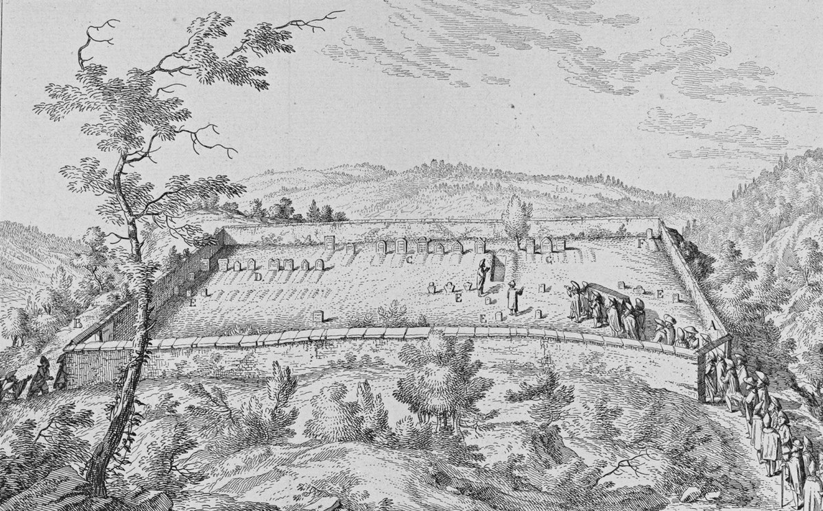 Gravure du cimetière juif de Lengnau, réalisée par Johann Rudolf Holzhab au milieu du XVIIIe siècle.