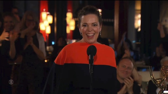 In this video grab issued Sunday, Sept. 19, 2021, by the Television Academy, Olivia Colman accepts the award for outstanding lead actress in a drama series for &quot;The Crown&quot; during the Primeti ...