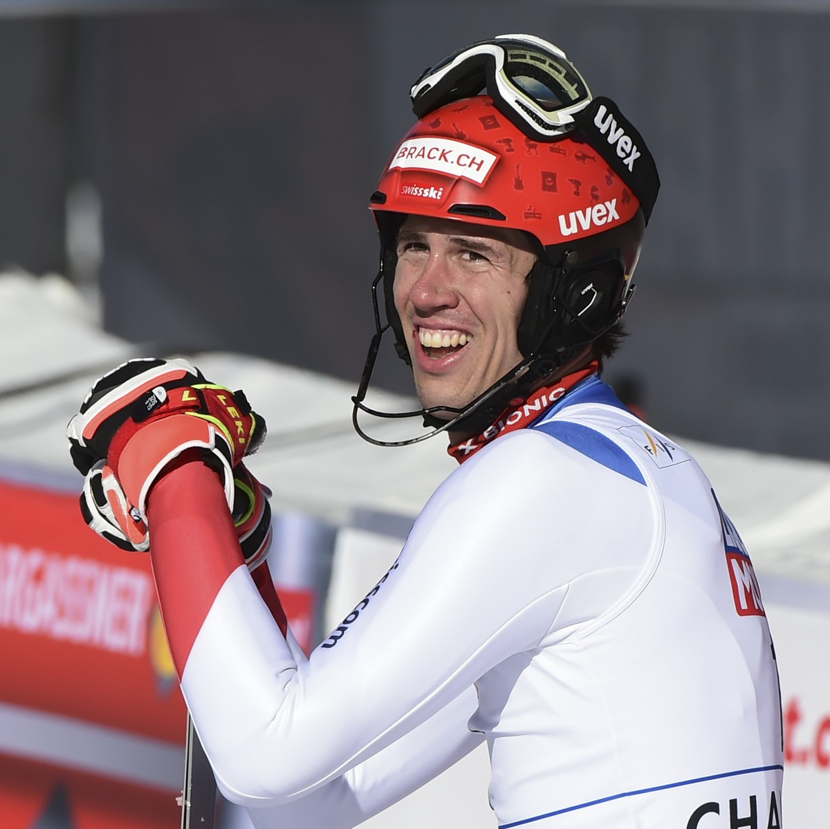 Switzerland's Ramon Zenhaeusern smiles after cutting the finish line of an alpine ski, men's World Cup slalom, in Chamonix, Sunday, Jan. 31, 2021. (AP Photo/Marco Tacca)