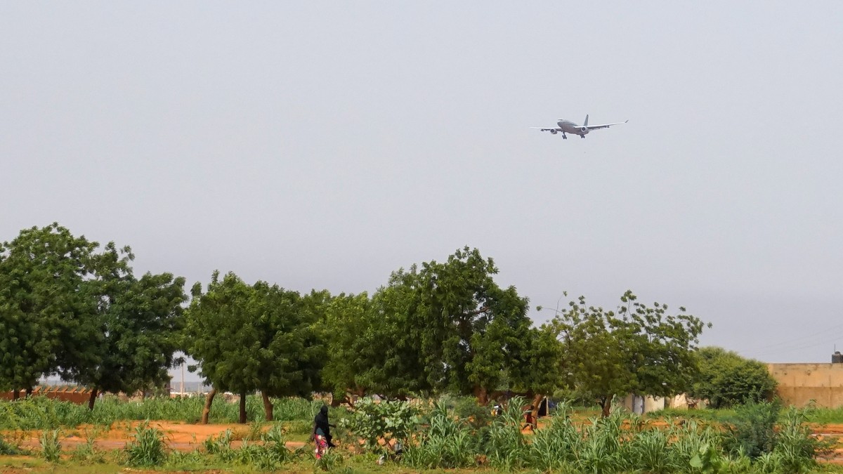 epa10780323 A French military Airbus 330 prepares to touch down at Diori Hamani International Airport in Niamey, Niger, 01 August 2023. The Airbus is one of three French planes tasked to evacuate Fren ...