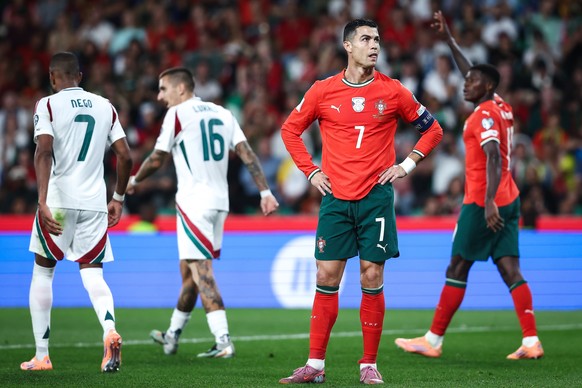epa12454143 Portugal player Cristiano Ronaldo reacts during the 2026 FIFA World Cup European Qualifiers soccer match between Portugal and Hungary at the Jose Alvalade stadium, in Lisbon, Portugal, 14  ...