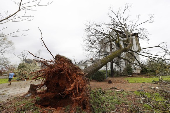 epa09099466 A large uprooted tree resting on a house after an apparent tornado swept through Newnan, Georgia USA, 26 March 2021. The spring severe weather outbreak left at least six people dead in Ala ...