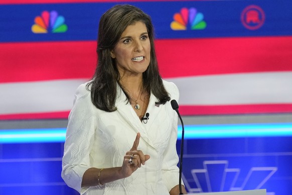 Republican presidential candidate former U.N. Ambassador Nikki Haley speaks during a Republican presidential primary debate hosted by NBC News, Wednesday, Nov. 8, 2023, at the Adrienne Arsht Center fo ...