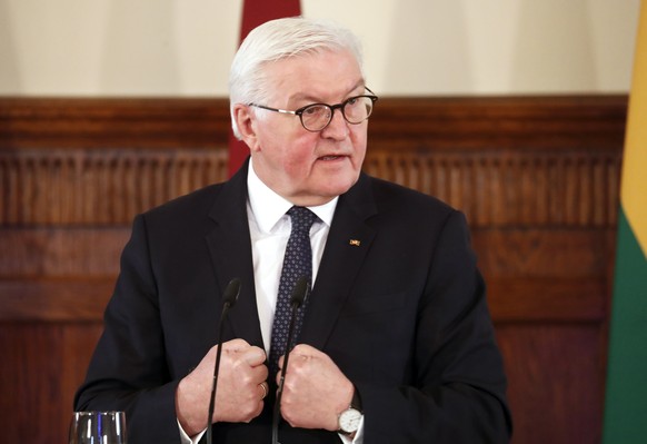 epa09761742 German President Frank-Walter Steinmeier gives a speech entitled 'For democracy and freedom in Europe Ð Lessons from our shared constitutional tradition' at the international conference '100 Years of Satversme' in Riga, Latvia, 16 February 2022. The conference is being held to mark the centenary of the Latvian constitution, one of the oldest constitutions in Europe still in force. German President Steinmeier and his wife are on a two-day visit to Latvia.  EPA/TOMS KALNINS
