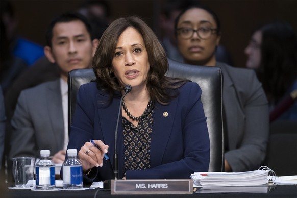 Sen. Kamala Harris, D-Calif., objects to advancing the nomination of Bill Barr to be attorney general, on Capitol Hill in Washington, Thursday, Feb. 7, 2019. (AP Photo/J. Scott Applewhite)