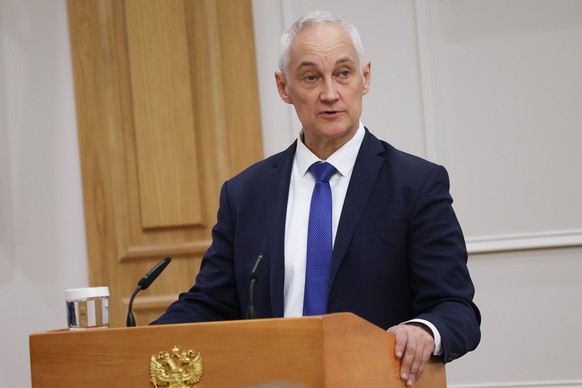 In this photo provided by The Federation Council of The Federal Assembly of The Russian Federation Press Service, Andrei Belousov, candidate for Russian Defense Minister speaks during a meeting with m ...
