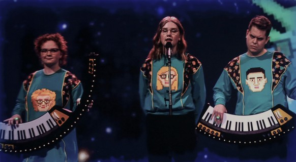 Dadi og Gagnamagnid from Iceland perform via video link during rehearsals at the Eurovision Song Contest at Ahoy arena in Rotterdam, Netherlands, Wednesday, May 19, 2021. A member of Dadi og Gagnamagn ...