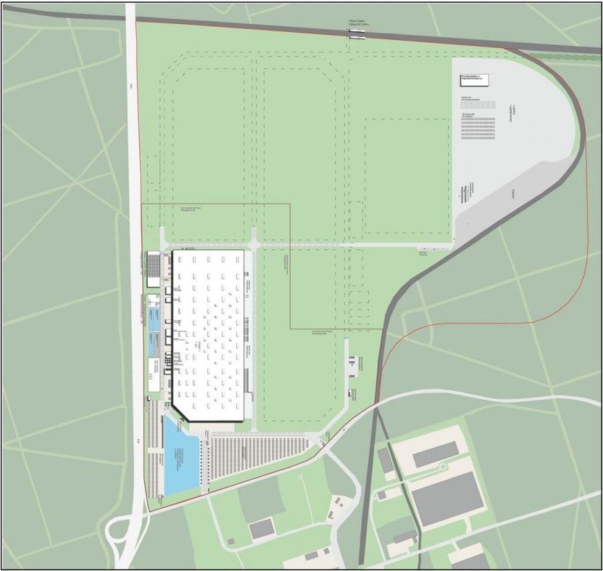 Mitte bis Ende 2021 soll der erste Teil der Gigafactory realisiert sein (unten links). Später sollen drei weitere Ausbauphasen folgen. Oben in der Mitte der geplante Bahnhof auf dem Werksgelände. Oben ...