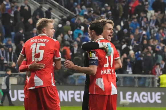FSV Mainz 05 players react after the Europa Conference League soccer match between Lech Poznan and FSV Mainz 05 in Poznan, Poland, Thursday, Dec. 11, 2025. (AP Photo/Czarek Sokolowski)
Poland Conferen ...