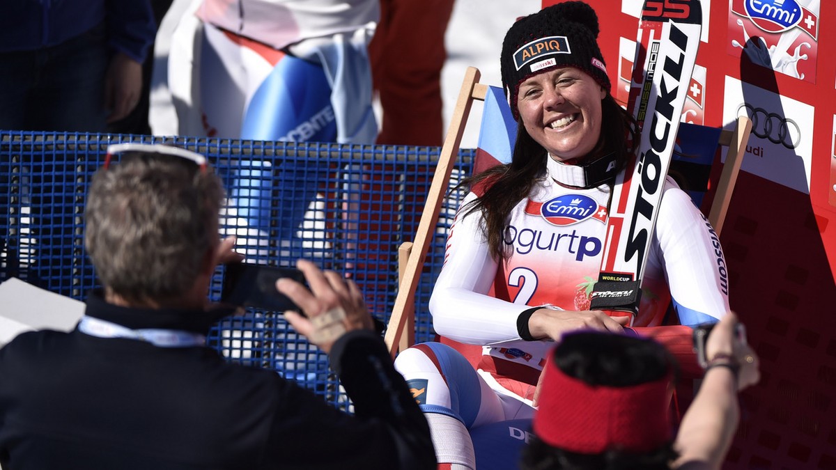 Fraenzi Aufdenblatten of Switzerland reacts in the finish area during after her last course during the women's downhill race at the FIS Alpine Ski World Cup finals, in Parpan-Lenzerheide, Switzer ...