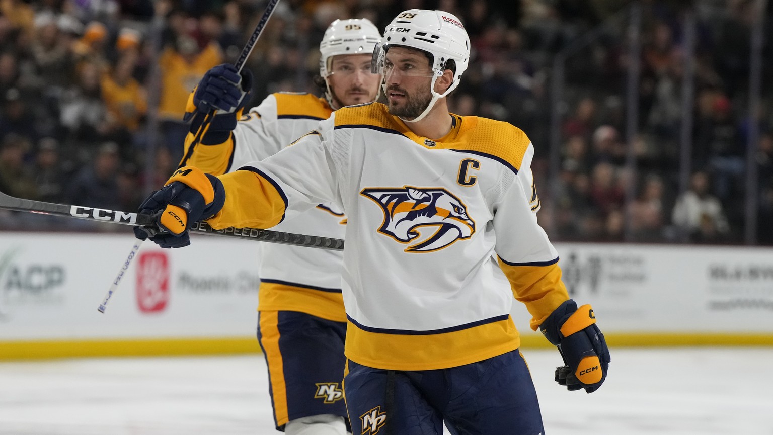 Nashville Predators defenseman Roman Josi (59) reacts after scoring a goal against the Arizona Coyotes in the second period during an NHL hockey game, Sunday, Feb. 26, 2023, in Tempe, Ariz. (AP Photo/ ...