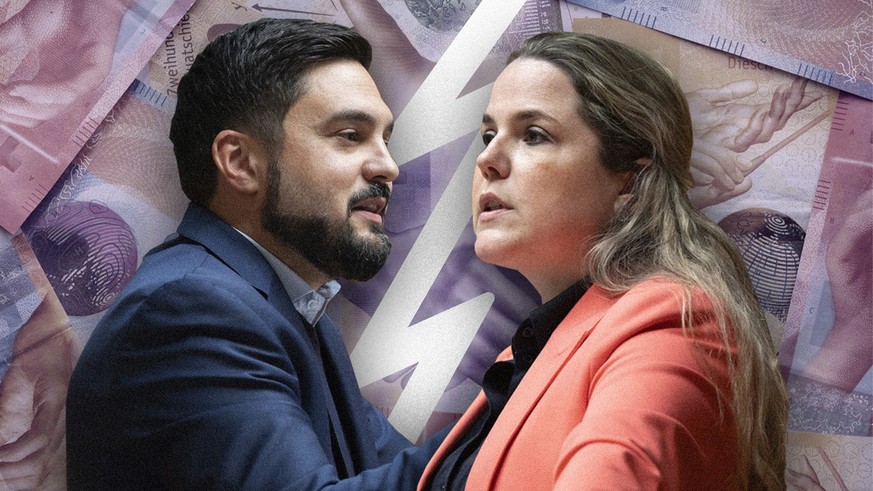 Cedric Wermuth, SP, und Martina Bircher, SVP, im Streitgespräche zur BVG-Reform. Wermuth und Bircher sind von einem Blitz in der Mitte des Bildes getrennt, vor einem Hintergrund aus Schweizer Franken.