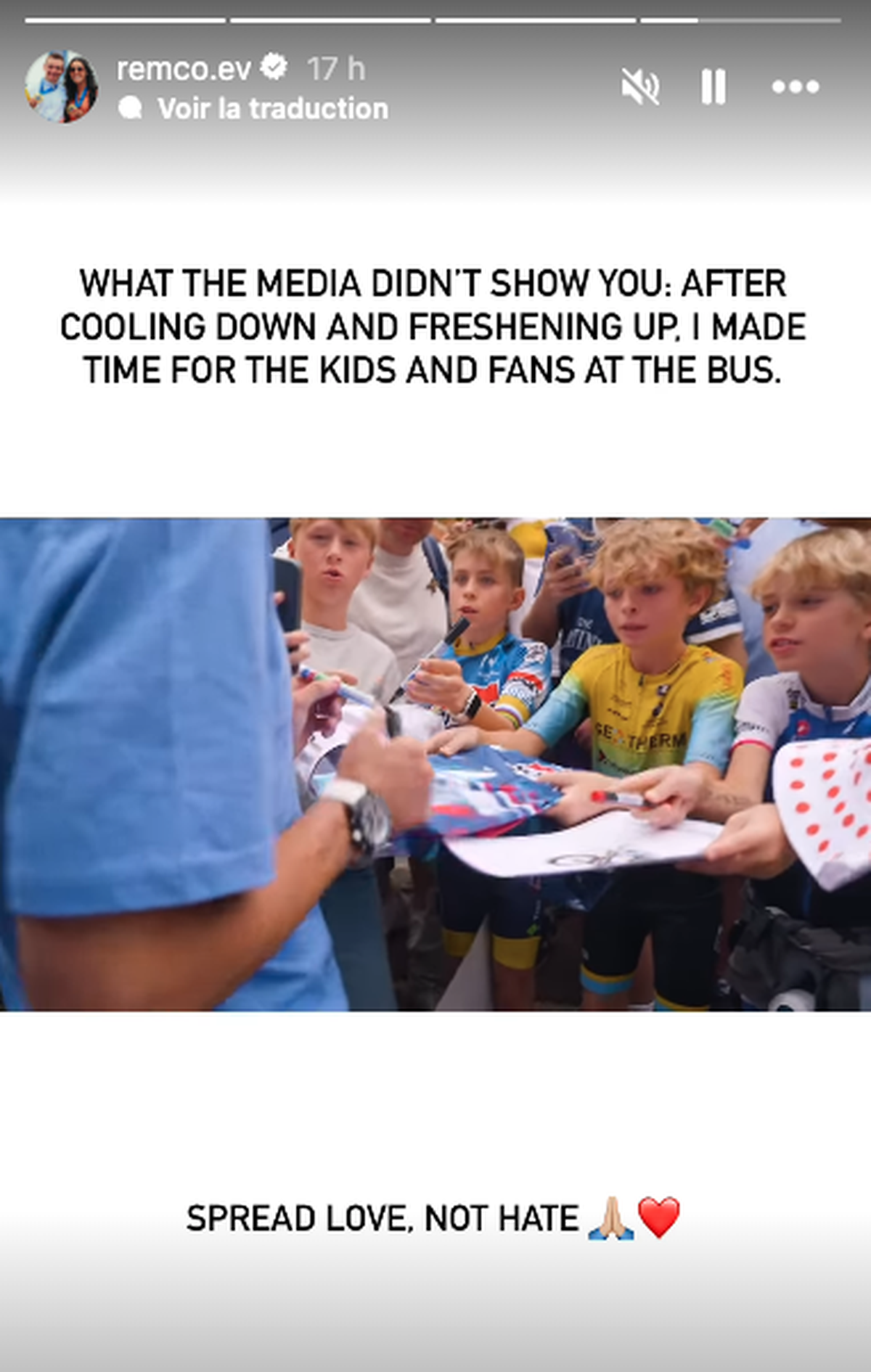 La story Instagram publiée par Remco Evenepoel pour montrer qu'il a accordé du temps à ses fans.