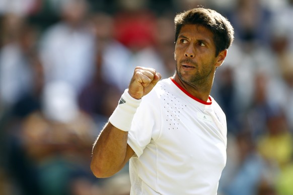 epa07692464 Fernando Verdasco of Spain celebrates a set pint winner against Kyle Edmund of Britain in their second round match during the Wimbledon Championships at the All England Lawn Tennis Club, i ...