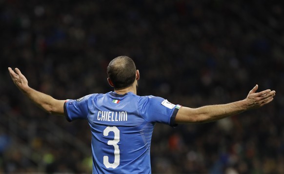 Italy&#039;s Giorgio Chiellini gestures in despair after the referee awarded a free kick to Sweden during the World Cup qualifying play-off second leg soccer match between Italy and Sweden, at the Mil ...