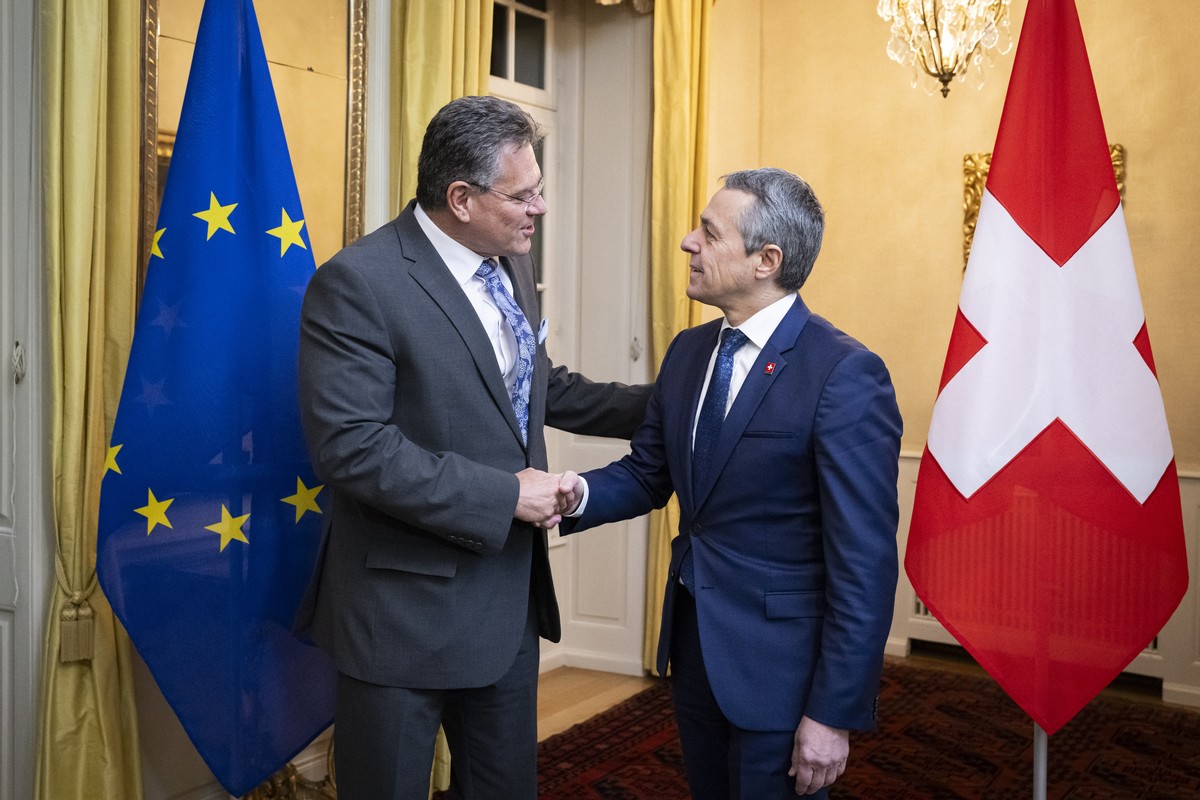 Maros Sefcovic, Executive Vice-President of the European Commission, left, and Swiss Federal Councillor Ignazio Cassis, right, talk during a working visit by Swiss Federal Councillor Ignazio Cassis to ...