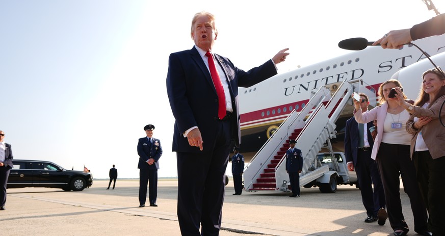President Donald Trump speaks to reporters before boarding Air Force One, Wednesday, July 1, 2026, at Joint Base Andrews, Md. (AP Photo/Julia Demaree Nikhinson)
Trump