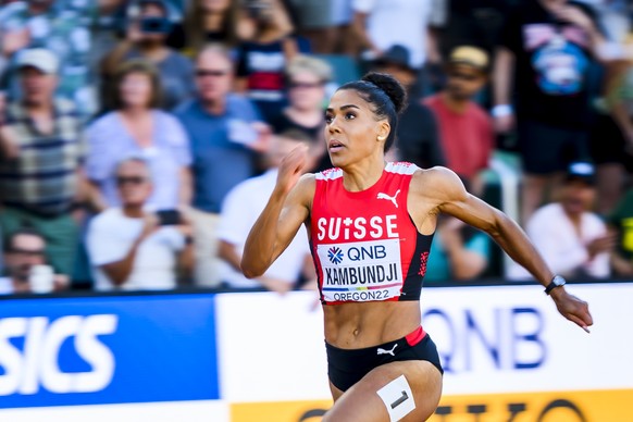 Mujinga Kambundji of Switzerland competes for the women&#039;s 200 meters final during the IAAF World Athletics Championships, at the Hayward Field stadium, in Eugene, United States, Thursday, July 21 ...