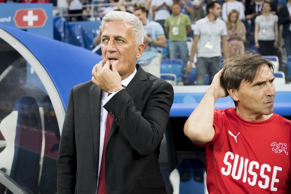 Switzerland&#039;s head coach Vladimir Petkovic, left, and Swiss assistant coach Antonio Manicone, right, react during the FIFA World Cup 2018 group E preliminary round soccer match between Switzerlan ...