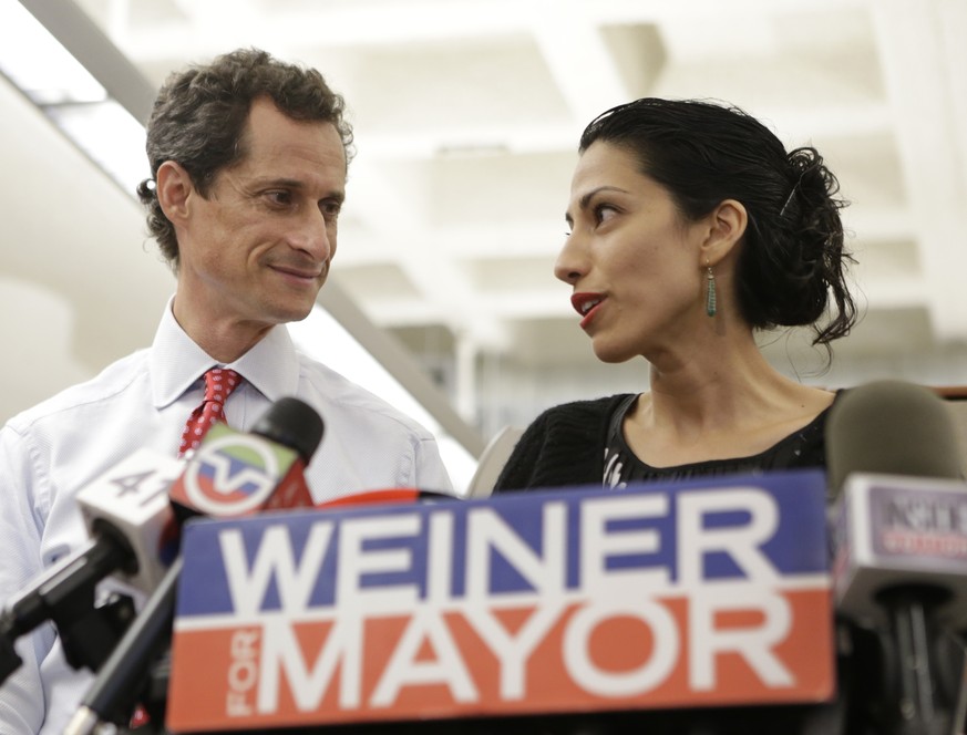 FILE - In this July 23, 2013 file photo, Huma Abedin, alongside her husband, then-New York mayoral candidate Anthony Weiner, speaks during a news conference in New York. Democratic presidential candid ...