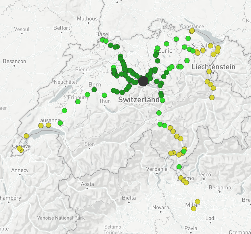 Screenshot direkte Zugverbindungen von Schweizer Bahnhöfen