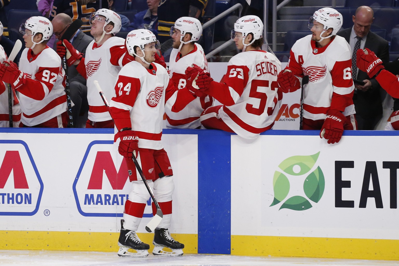 Detroit Red Wings center Pius Suter (24) celebrates his goal during the first period of an NHL hockey game against the Buffalo Sabres, Saturday, Nov. 6, 2021, in Buffalo, N.Y. (AP Photo/Jeffrey T. Bar ...