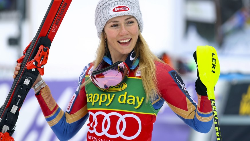 United States&#039; Mikaela Shiffrin celebrates in the finish area after winning an alpine ski, women&#039;s World Cup slalom in Kranjska Gora, Slovenia, Sunday Jan. 7, 2018. (AP Photo/Marco Trovati)