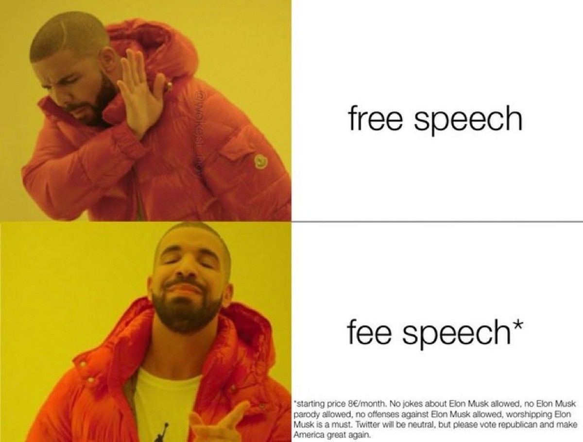 Elon Musk spricht von Redefreiheit (free speech) und führt neue Gebühren (Fee) ein.