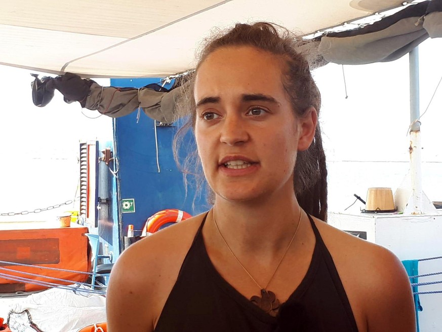epa07677813 Sea-Watch 3 captain Carola Rackete on board the vessel at sea in the Mediterranean, 27 June 2019. Sea-Watch 3 captain Carola Rackete told journalists on 27 June that she had been promised  ...