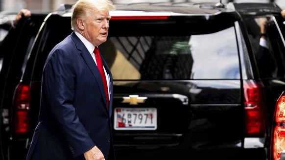 Former President Donald Trump departs Trump Tower, Wednesday, Aug. 10, 2022, in New York, on his way to the New York attorney general's office for a deposition in a civil investigation. (AP Photo/Juli ...