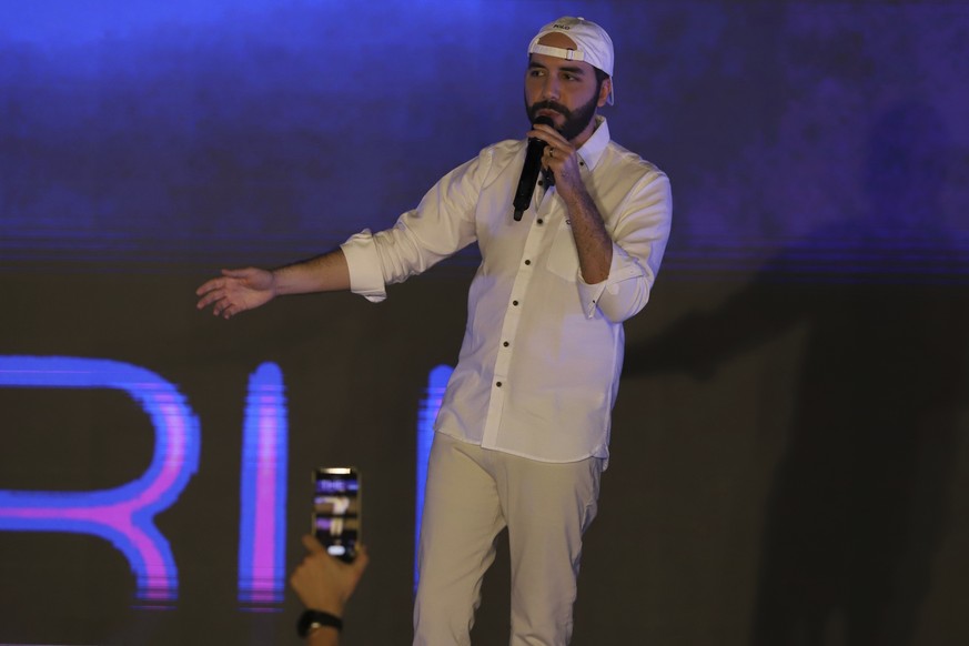 El Salvador&#039;s President Nayib Bukele participates in the closing ceremony of a congress for cryptocurrency investors in Santa Maria Mizata, El Salvador, Saturday, Nov. 20, 2021. Bukele announced  ...