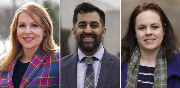 This combo shows from left, lawmaker Ash Regan, Health Secretary Humza Yousaf and Scottish Finance Secretary Kate Forbes, who have all secured sufficient backing to put their names on the ballot to be ...