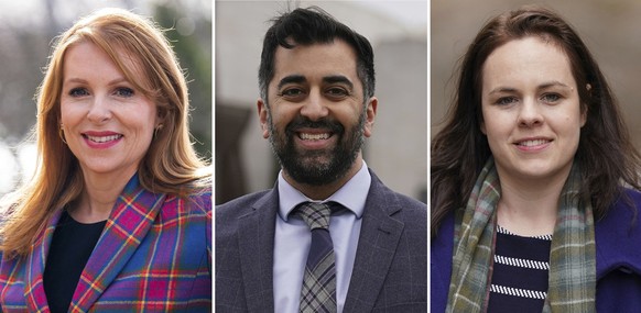 This combo shows, from the left, lawmaker Ash Regan, Health Minister Humza Yousaf and Scottish Chancellor of the Exchequer Kate Forbes, all of whom have gained enough support to put their names on the ballot to…