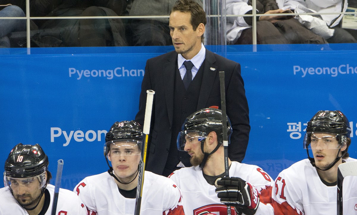 Andres Ambuehl of Switzerland, Gregory Hofmann of Switzerland, Patrick Fischer, head coach of Switzerland, Tristan Scherwey of Switzerland, and Fabrice Herzog of Switzerland, from left, during the men ...