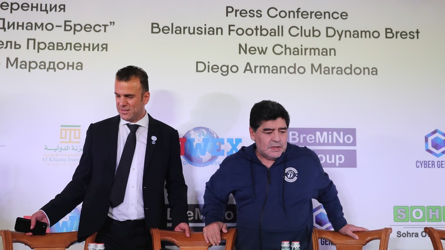 epa06893240 Argentinian soccer legend Diego Maradona (R) attends a press conference in Brest, Belarus, 16 July 2018. Maradona has been appointed as chairman of Belarussian soccer club &#039;Dinamo Bre ...