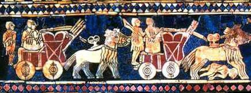 Sumerische, vierrädrige Pferdegespanne auf der Standarte von Ur (etwa 2850 bis 2350 v. Chr.)
https://de.wikipedia.org/wiki/Streitwagen#/media/Datei:Standard_of_Ur_-_Chariots.jpg
