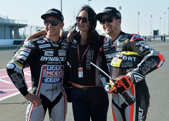 epa07420971 Swiss Moto2 rider Jesko Raffin (L) of Switzerland of Dynavolt Intact GP and Swiss Moto2 rider Thomas Luthi (R) of Dynavolt Intact GP attend a photo session of the Motorcycling Grand Prix o ...