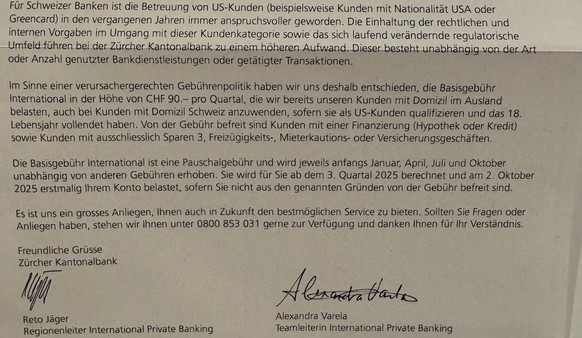 Mit diesem Schreiben verkündet die ZKB den Gebühren-Hammer für ihre US-Klientel in der Schweiz.