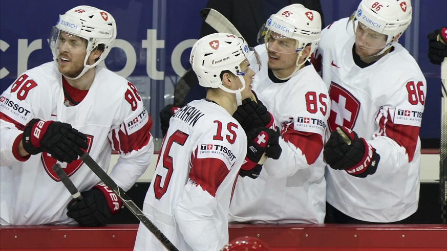 Gregory Hofmann of Switzerland celebrate a goal during the Ice Hockey World Championship group A match between the Belarus and Switzerland at the Olympic Sports Center in Riga, Latvia, Sunday May 30,  ...