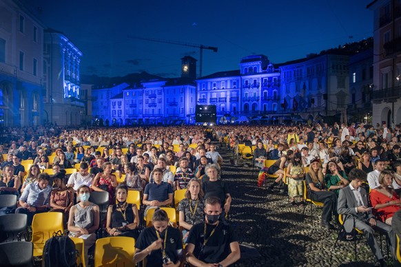 epa09414290 A general view of the Piazza Grande on the 74th Locarno International Film Festival in Locarno, Switzerland, 14 August 2021. The Festival del film Locarno runs from 4 to 14 August 2021. Fi ...