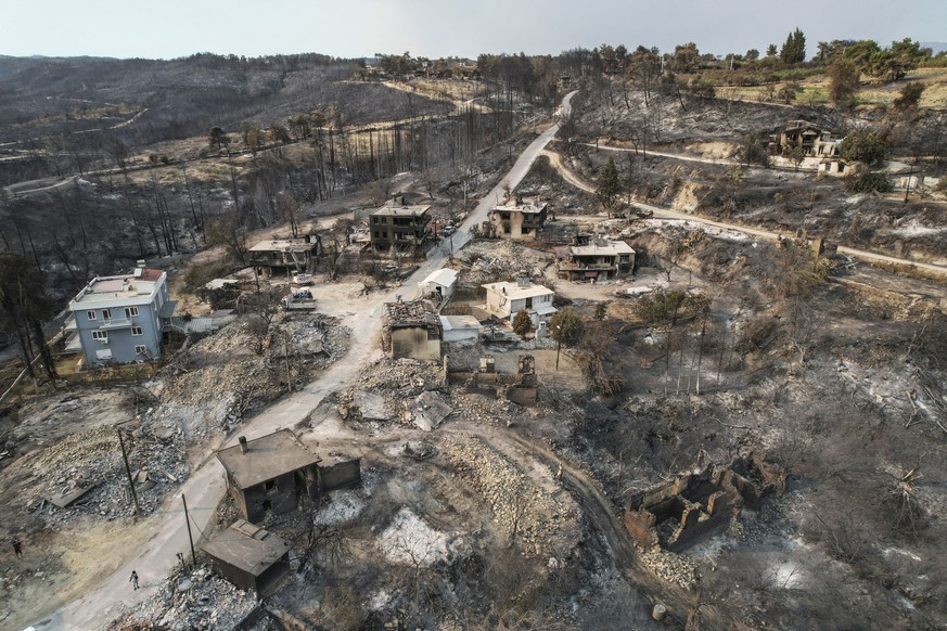 An aerial view of wildfire-destroyed Kalemli village near Manavgat, Antalya, Turkey, Monday, Aug. 2, 2021. For the sixth straight day, Turkish firefighters were battling Monday to control the blazes t ...