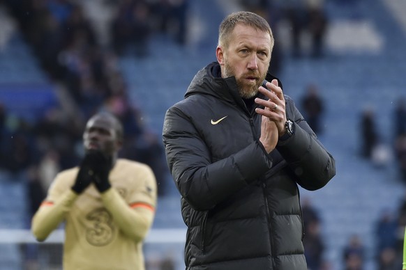 FILE - Chelsea&#039;s head coach Graham Potter celebrates at the end of the English Premier League soccer match between Leicester City and Chelsea at King Power stadium in Leicester, England, Saturday ...