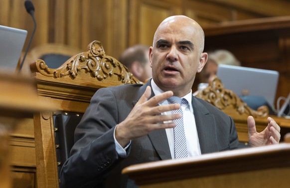 Bundespraesident Alain Berset spricht waehrend der Debatte im Staenderat, waehrend der Fruehlingssession der Eidgenoessischen Raete, am Donnerstag, 2. Maerz 2023, in Bern. (KEYSTONE/Peter Klaunzer)