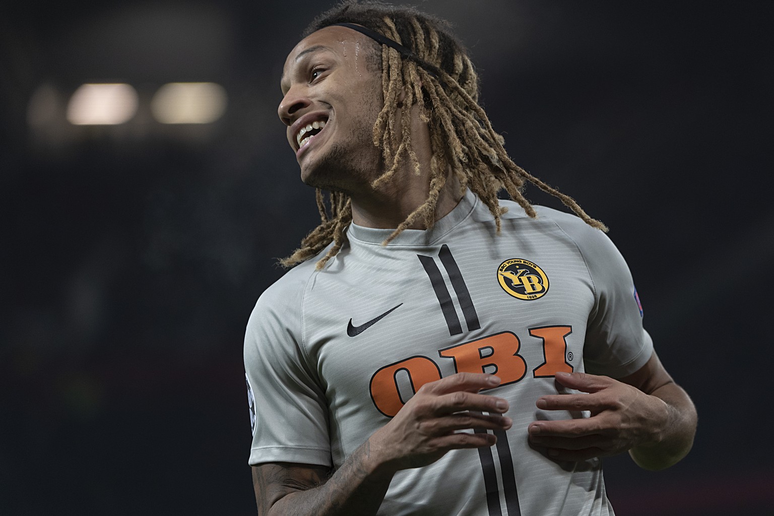 Young Boys&#039; Kevin Mbabu reacts during the UEFA Champions League Group H matchday 5 soccer match between England&#039;s Manchester United FC and Switzerland&#039;s BSC Young Boys in the Old Traffo ...