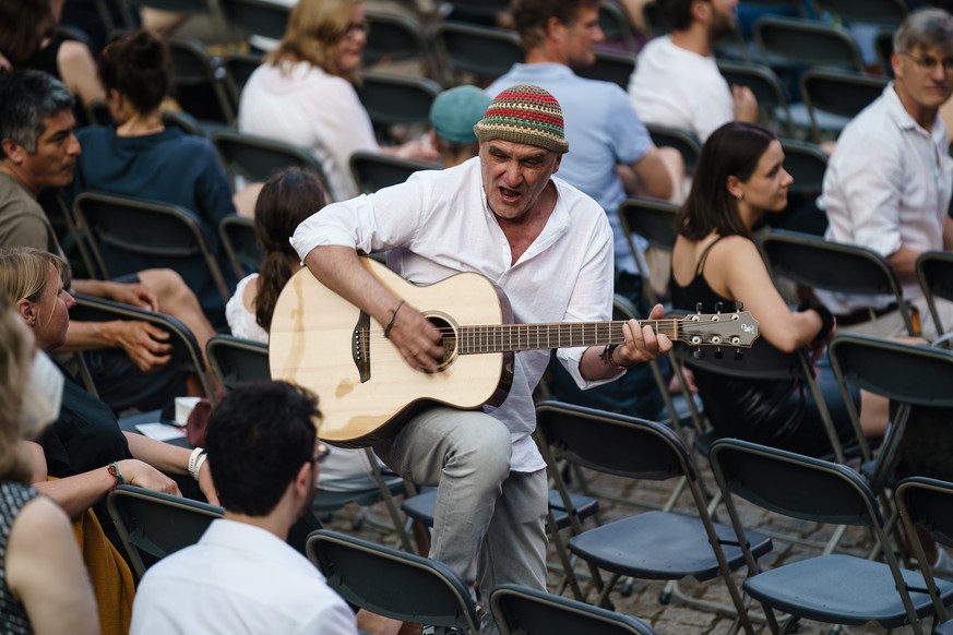 epa09280893 Protagonist Dieter Bachmann plays guitar prior to the premiere of &#039;Herr Bachmann und seine Klasse&#039; (Mr. Bachmann and His Class) during the 71st Berlin International Film Festival ...